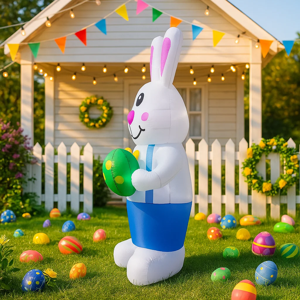 1.8M/6FT ハッピーイースターインフレータブルおもちゃ ウサギが卵を運ぶ装飾 LEDライト内蔵モデル 屋外ガーデンパーティー小道具装飾