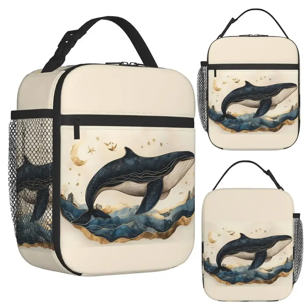 Golden Blue Aesthetic Whale Insulated Lunch Bag for Women Kids Portable Food Boxes Thermal Lunch Box Tote