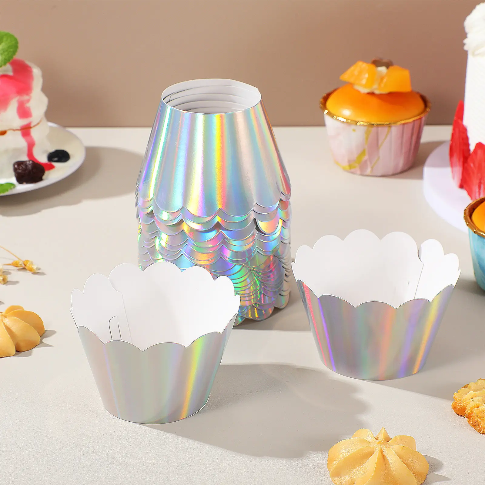 24Pcs Bright Iridescent Cupcake Wrappers Liners Muffin Holders Dessert Decoration Kit for Themed Parties Wedding Shower