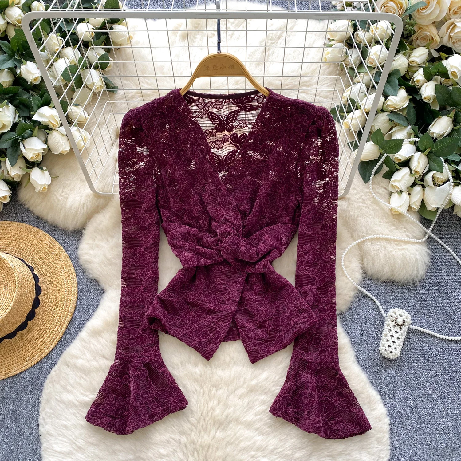 

Vintage Elegant V-neck lace slim long sleeve Blouse Fashion Shirt Casual Top Fairy Women Shirt