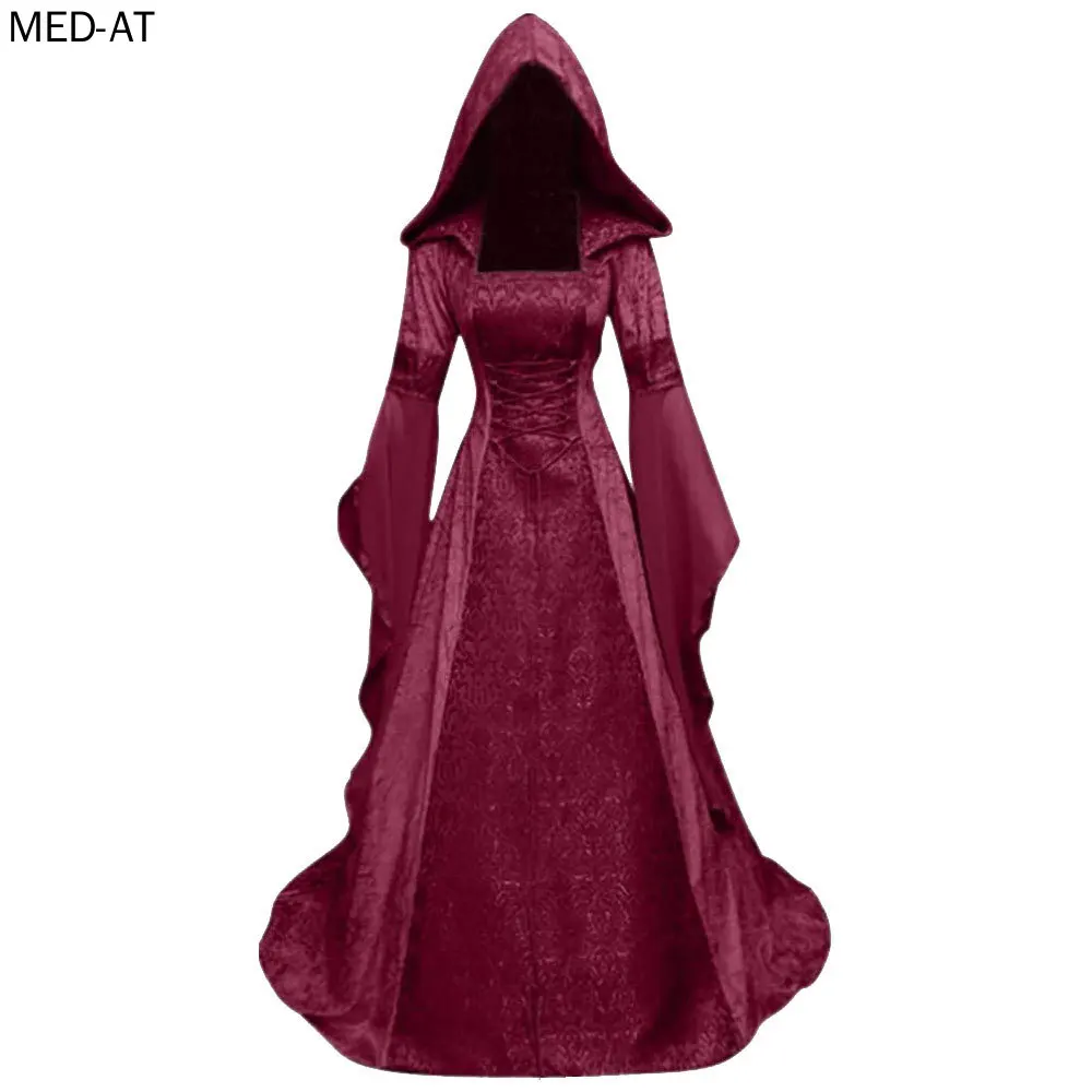 Women Deluxe Witch Dress Medieval Costume Vintage Embroidered Renaissance Gothic Hooded Vampire Gown Dress Cosplay