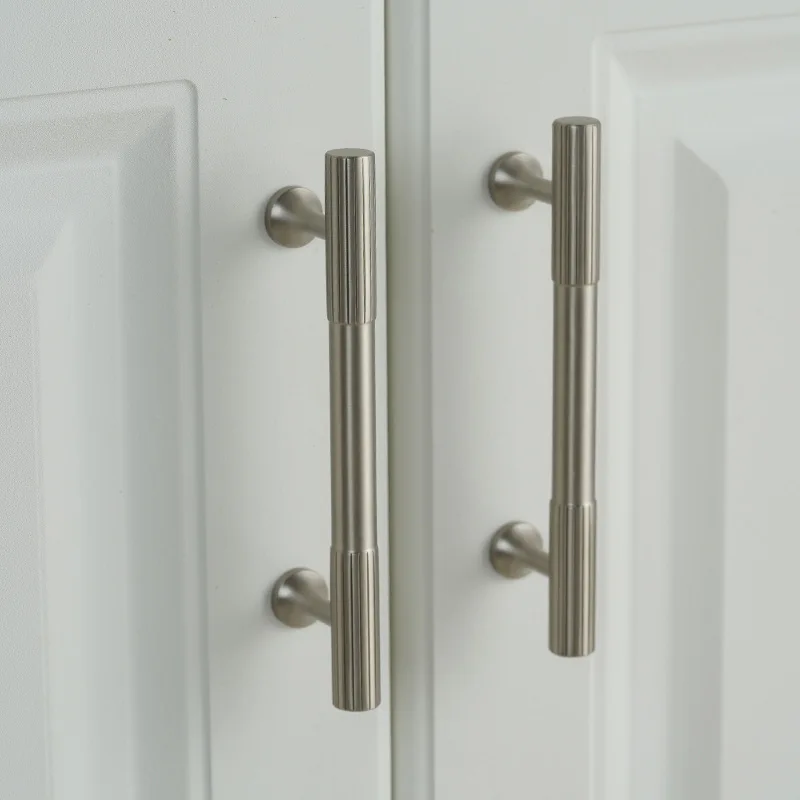 KEDLO European Light Luxury Solid Brass Long Handle Vertical Pattern Vintage Knob Cabinet Drawer Nickel Brushed Handle