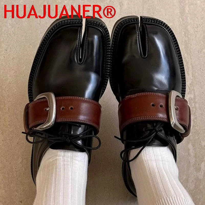 Tabi Soes for Women Genuine Leather Detachable Belt Buckle Niche Design Sense Split Toe Shoes Shiny Surface Low Top Loafers