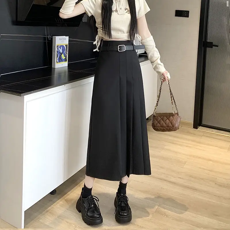 Grey Suit Half Skirt Women's Plus Size High Waist Slimming Pleated Skirt Hanging A-line Mid Length Skirt