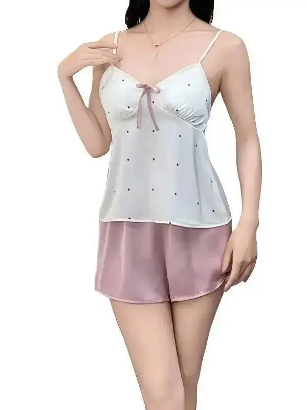 أنيقة الشاش الصيف الساتان المرأة Homewear مجموعة مع منصات الصدر قطعتين ملابس خاصة مع البولكا نقطة طباعة السراويل مجموعات عادية 4GV3 #5