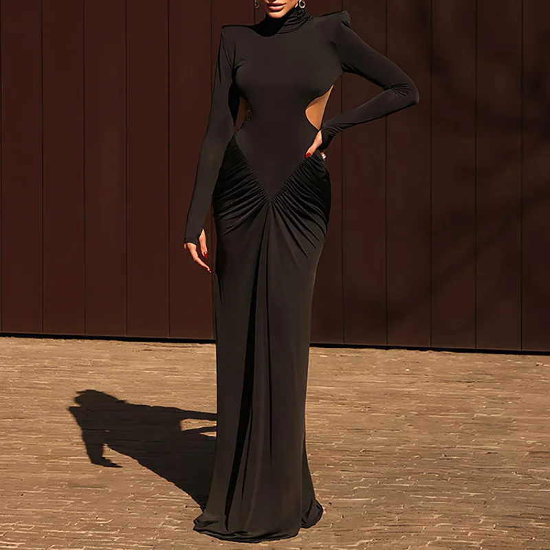 Autumn Long Sleeve Backless Slim Hips Dress Women Fashion Turtleneck Waist Draped Long Dress Spring Solid Hollow Boho Maxi Dress
