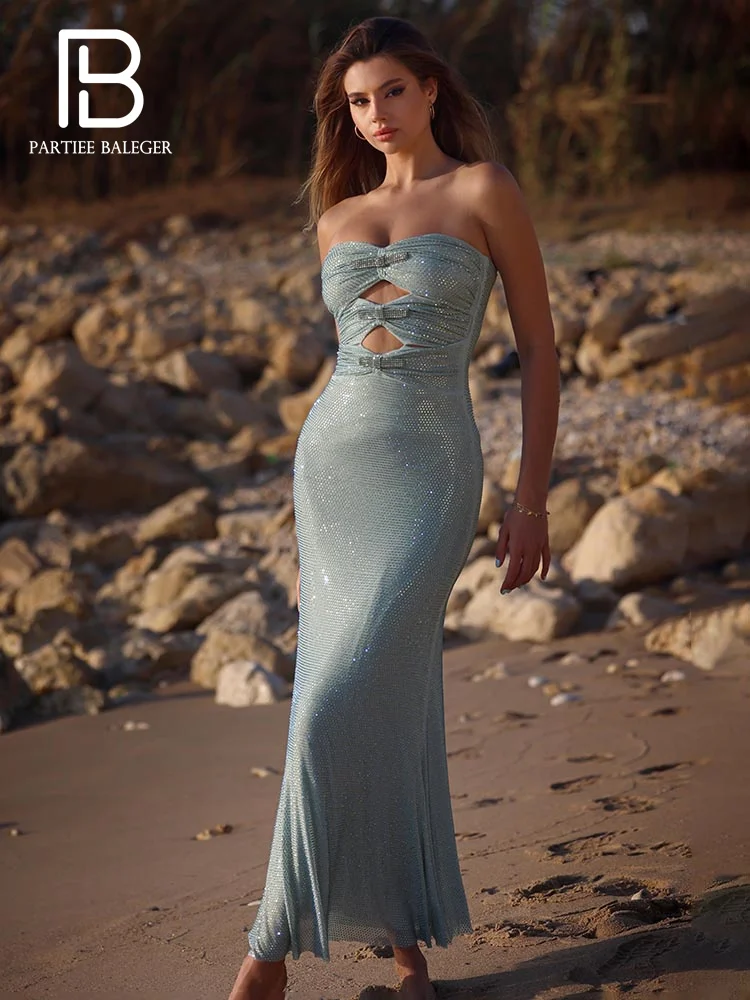 

PB 2024 Women's Sexy Strapless Diamond Bow Hollow Mermaid Long Dress Elegant Celebrity Party Evening Dress