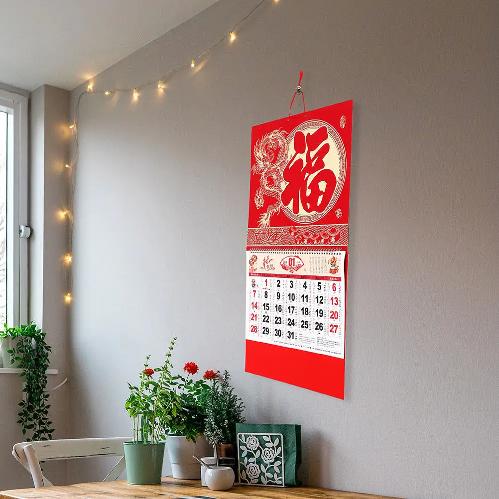 

2Pcs Gold Foil Chinese New Year Calendar 2024 Wall Hanging Calendar Lunar Date Solar Term Planner for Household Holiday Gift