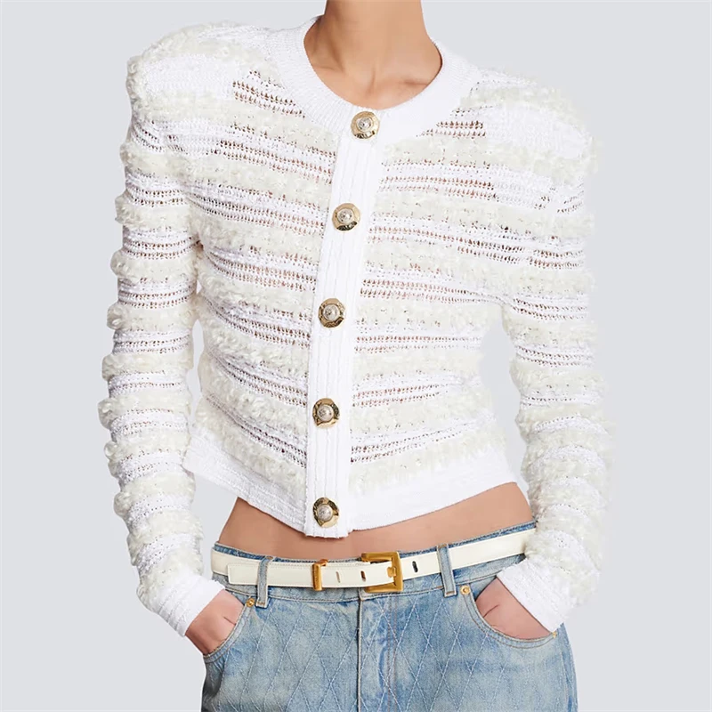 

2026 Spring New Women's Round Neck Plush Striped Knit Cardigan, Y2K High-Quality Fashionable Casual Versatile Sweater Jacket