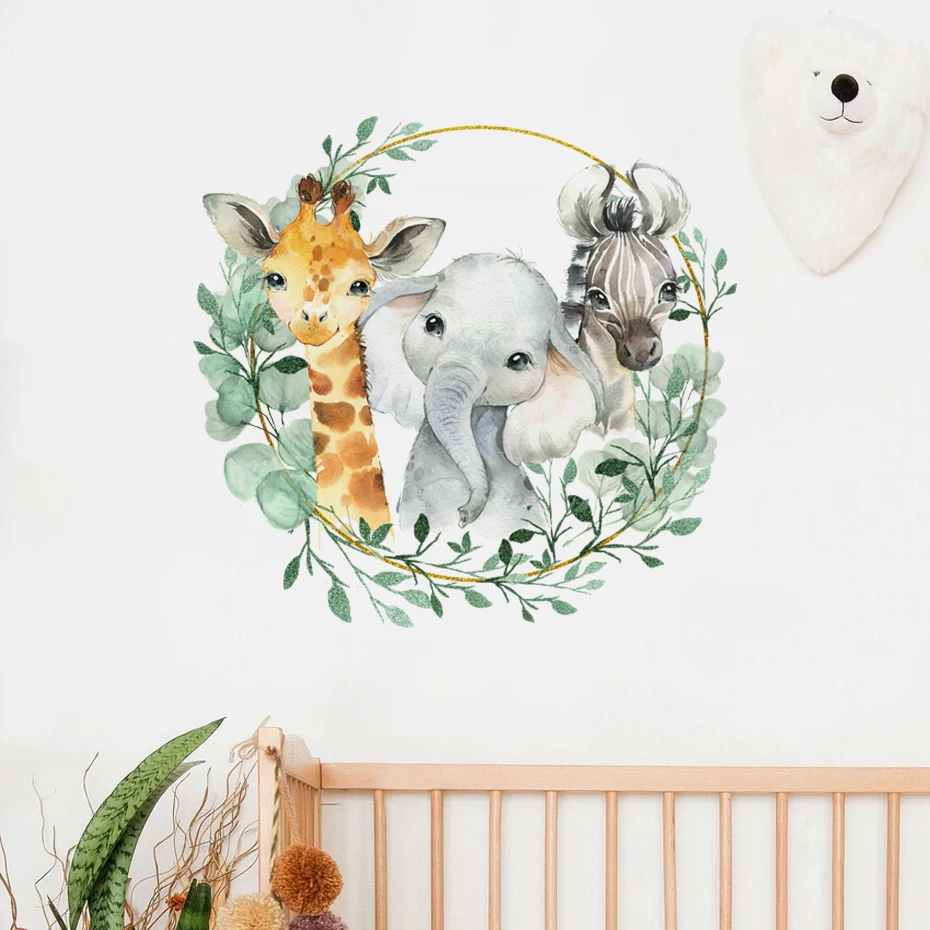 Watercolor Africa Animals Elephant Giraffe Tropical Leaves Wall Stickers Nursery Wall Decals Kids Room Bedroom Home Decoration