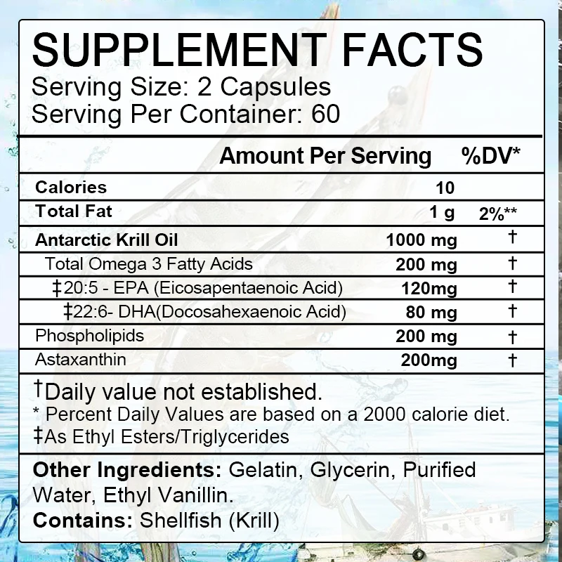 Olejek Antarktyczny Krill -1000 mg Omega 3 Suplement z EPA, DHA, Astaxanthin i Phospholipids, Wspomaga serce, mózg, staw i zdrowie oczu