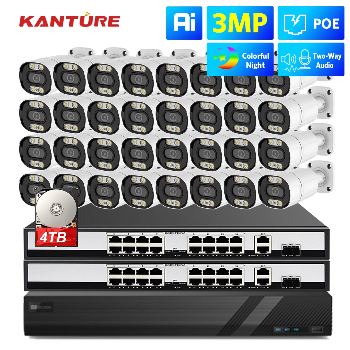 Kanture h.265 32ch 3mp poe Überwachungs kamerasystem Zwei-Wege-Audio-CCTV im Freien wasserdichte IP-Kamera Video überwachungs kit xmeye