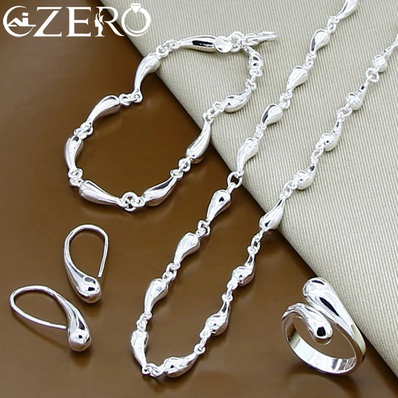 ALIZERO 925 Sterling Silver Water Drop Chain Necklace Bracelet Earrings Ring Set for Women Wedding Engagement Party Jewelry