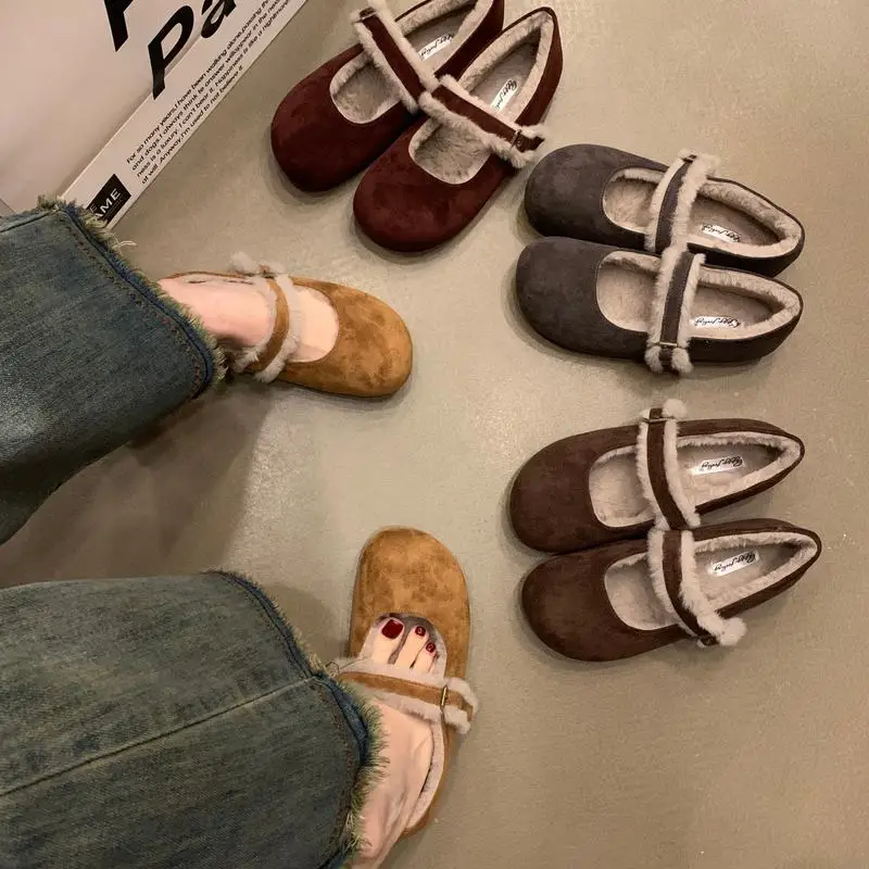 Casual Woman Shoe Loafers Fur Autumn Female Footwear New Winter Retro Fall Dress Flock Mary Janes Flat Women Casual Female Sneak