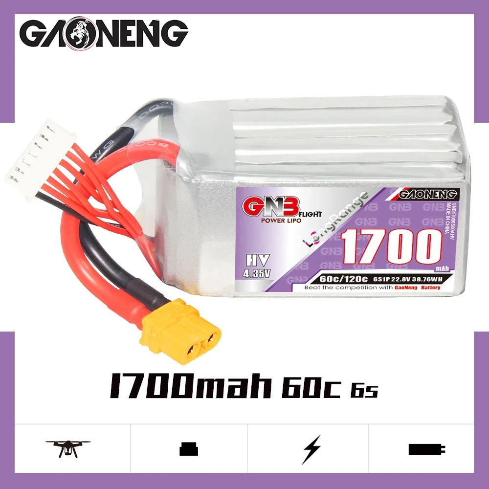 

GAONENG GNB 1700mAh HV 6S 60C 120C 22.8V XT60 LiPo Battery Long Range 5 to 6 inch Drone 180-330mm Brushless FPV Evoque F5D/F5X