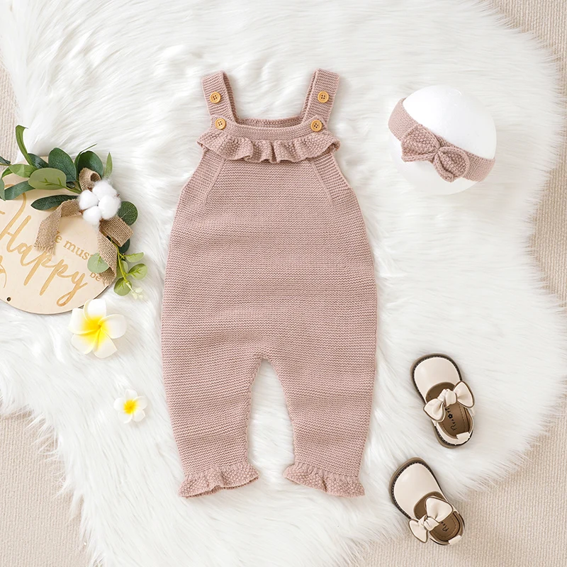 Baby Romper Headwear Fashion Solid Infant Sling Clothes Set Knitted Ruffles 0-18M Overalls Newborn Girl Jumpsuit Sleeveless 2PCS