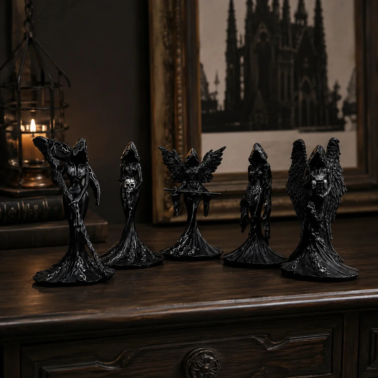 Handmade Resin Gothic Grim Reaper Statue Figurine Halloween Desk Shelf Mantel Home Office Macabre Dark Home Decor Gift
