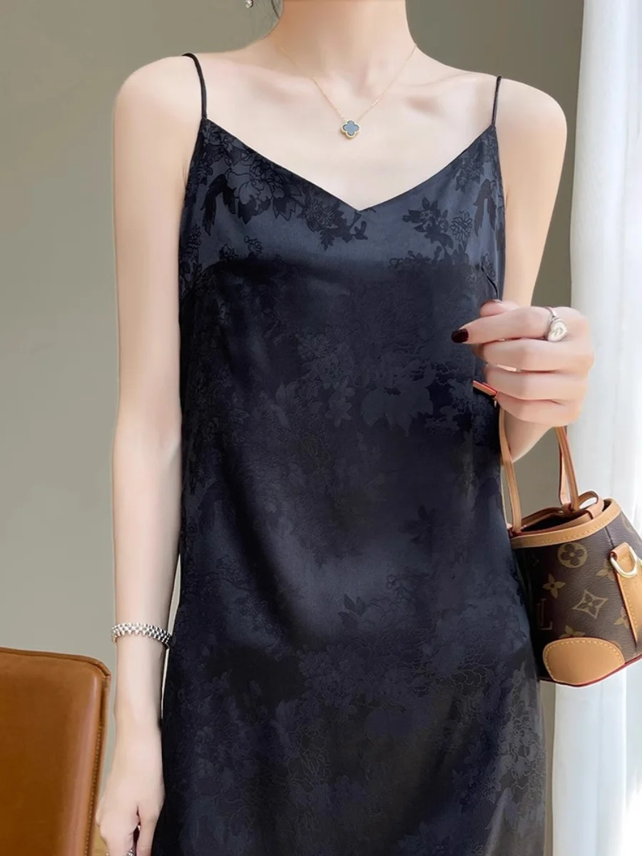 Cetim de seda ter Dr feminino verão high-end bordado ácido vestido de emagrecimento colete linha A longo Dr V-Ne No-Sve