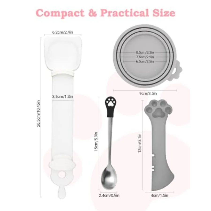 6 PCS Cat Food Can Covers Set, Reusable Silicone Can Lids with Opener, Stainless Steel Wet Food Spoon and Cat Treat Squeezer fo