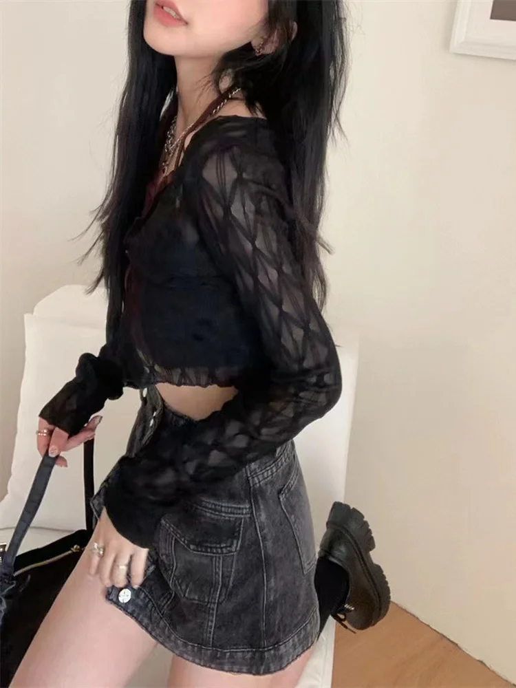 Summer Lace Sun Protection Shawl Women's Short Thin Long Sleeve Cover up Vest Top Transparent Mesh V-Neck over Dress Coat