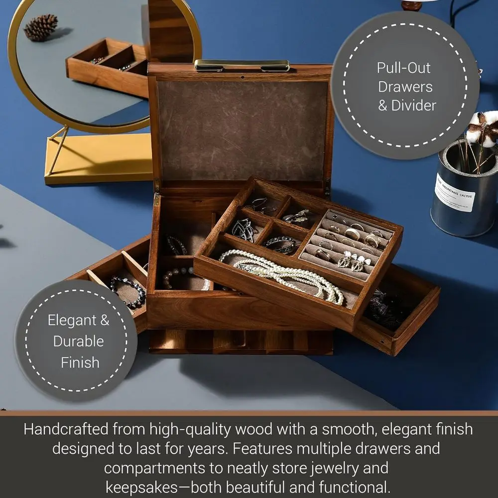 Elegant Jewelry Box with Ring Holders, Pull-Out Drawers, and Compact Storage for Earrings