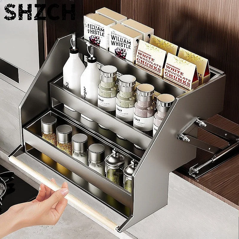 Wall Cabinet Lift Basket Smooth Glide Mechanism Under Cabinet Storage Spices Oils Condiments Kitchen
