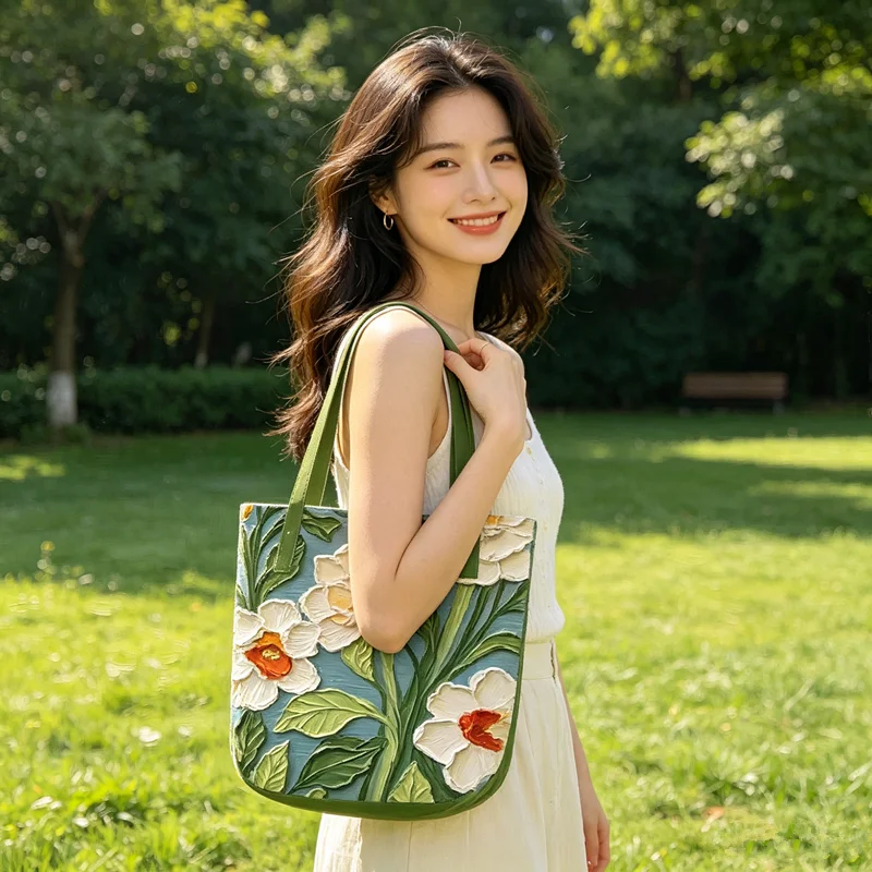 Oil Painting Floral Tote Bag Canvas Shoulder Bag, 3D Embossed Daffodil Print Handbag Bucket Bag's for Woman Work Travel Shopping