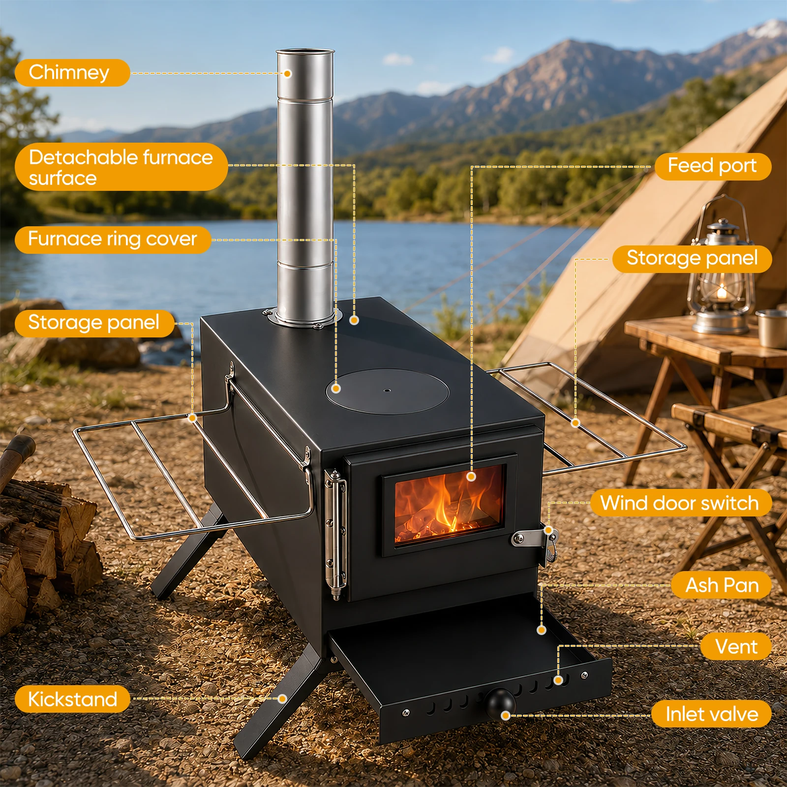 Fornello da campeggio portatile, facile da installare e senza emissioni di fumo, fornello a legna pieghevole per campeggio, fornello da tenda con camino per riscaldare, cucinare e pescare sul