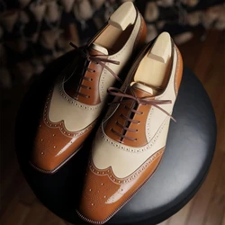 New Brown Brogue Shoes for Men Lace-up Square Toe Men Dress Shoes Business Handmade  Chaussures Pour Hommes