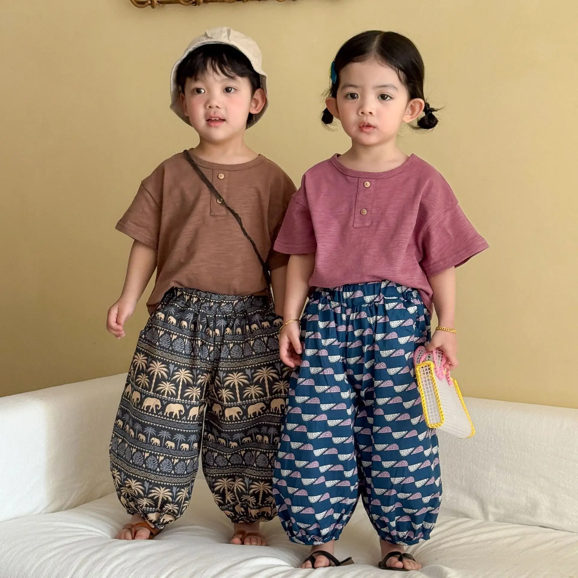 

2026 Summer New Children Solid T Shirts + Loose Mosquito-proof Pants Two-piece Set Boys Girls Short Sleeve 2pcs Suit Kids Outfit