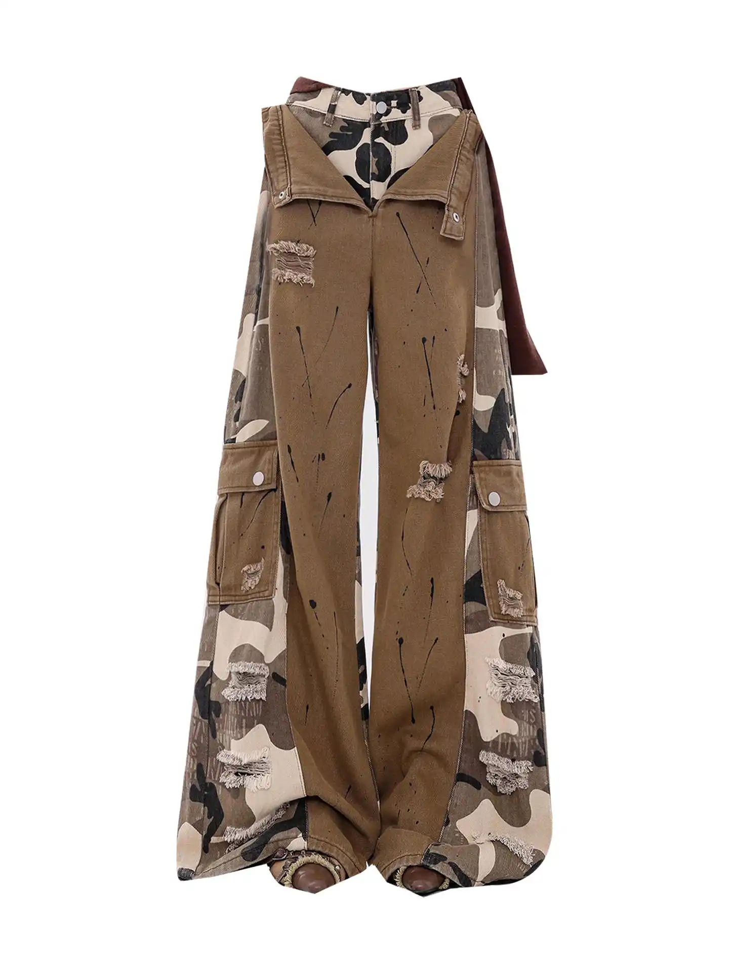 المرأة براون التمويه المرقعة ممزق البضائع الجينز Harajuku خمر فضفاض سراويل جينز اليابانية 2000s Y2k ممزق الجينز السراويل #2