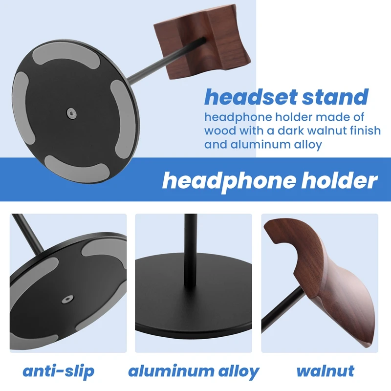 Headphone Stand, Headset Holder Made Of Walnut Wood & Aluminium, Natural Walnut Gaming Headphone Holder With Heavy Base