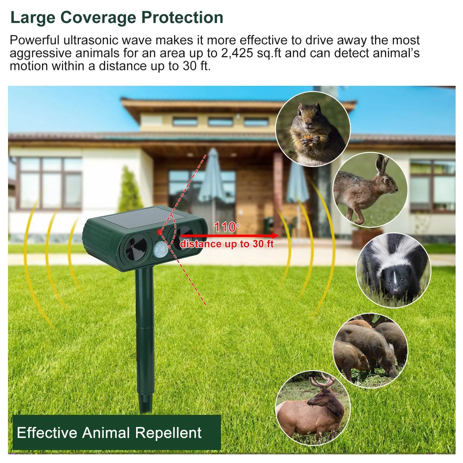 Ultrasonic Animal Repeller Solar Powered Motion Sensor Repellent IPX4 Waterproof Outdoor For Farm Garden Yard Repelling Deer Rac