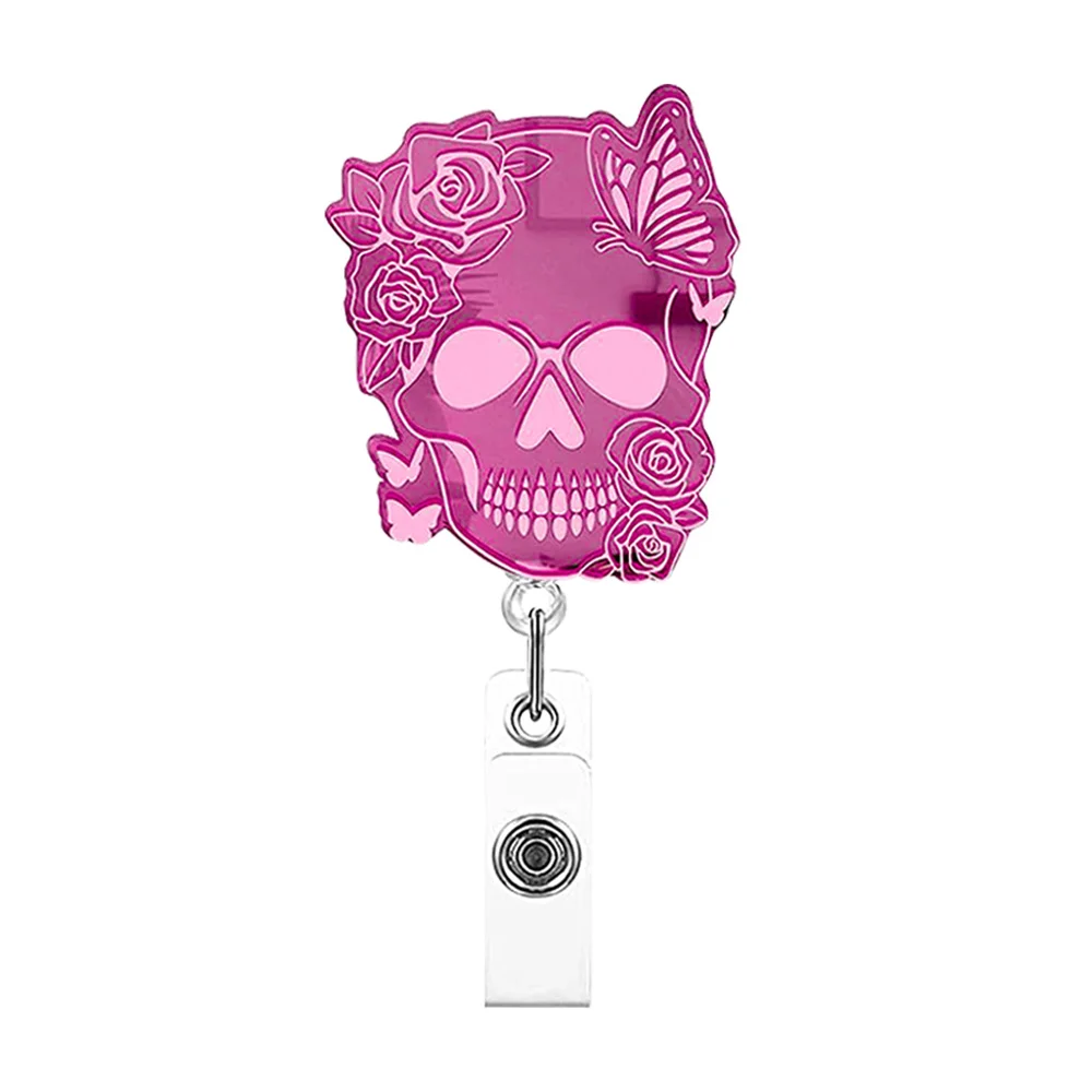 Pink Mirror Acrylic Skull Organ Flowers Retractable Nurse Badge Holder Doctor Badge Reel Clip Teaching Badge Roll ID Card Holder