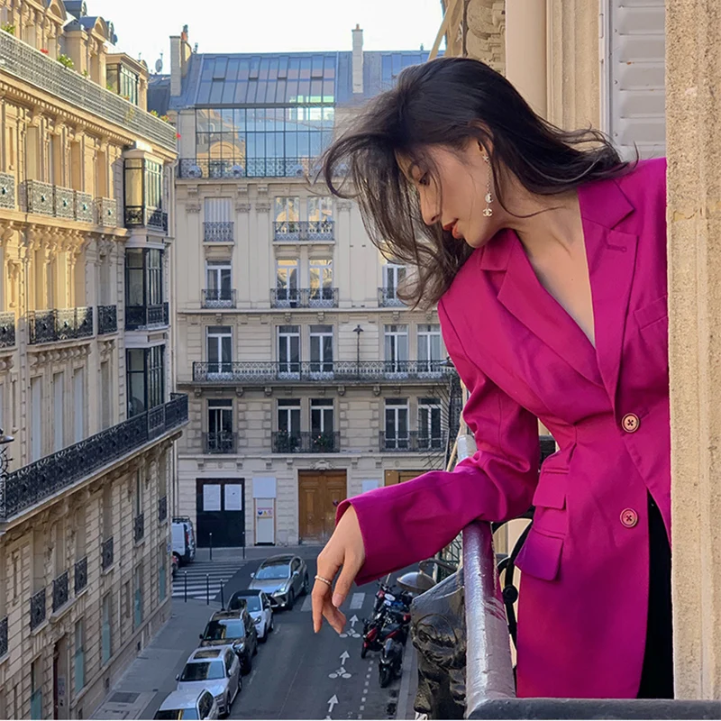 

Snara Pink Suit Jaet Women's Slim Fit Vintage Design Thin Sle Commute Faion Polyester Fabric Long Sve Pure Color