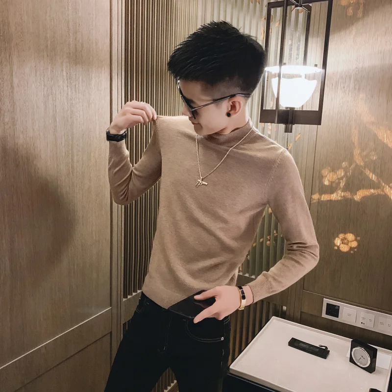 

Khaki Basic Men's Knitted Sweater f High Collar mid Ne Slim Fit Casual Long Sve Faionable Inner Wear Autumn Season