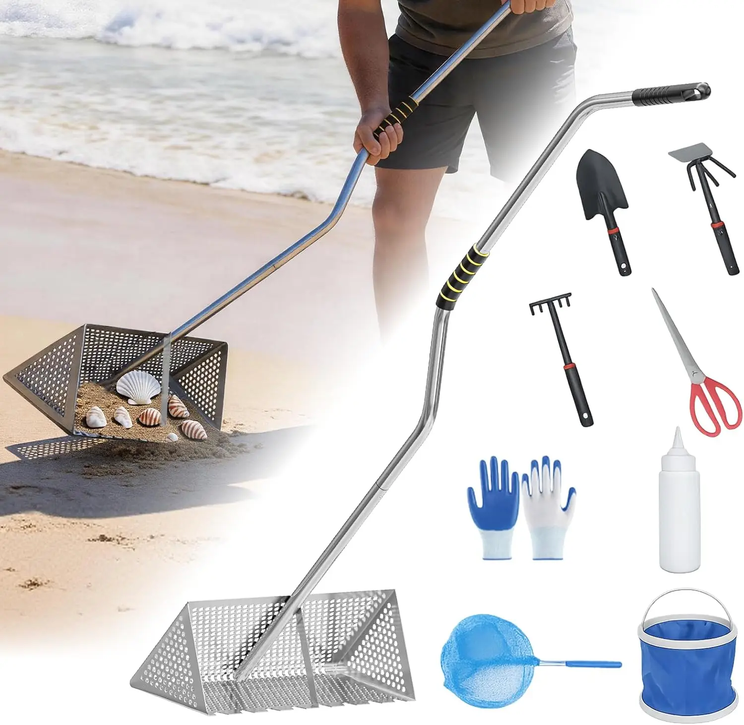 Sand Flea Rake with Detachable Long Handle for Beach | Stainless Steel Sand Sifter with 15.7 Inch Wide Basket for Collecting Sha