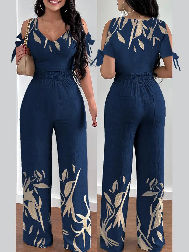 Plants Print Cold Shoulder Top & High Waist Casual Pants Set 2023 Summer European & American Fashion Women Two Piece Set