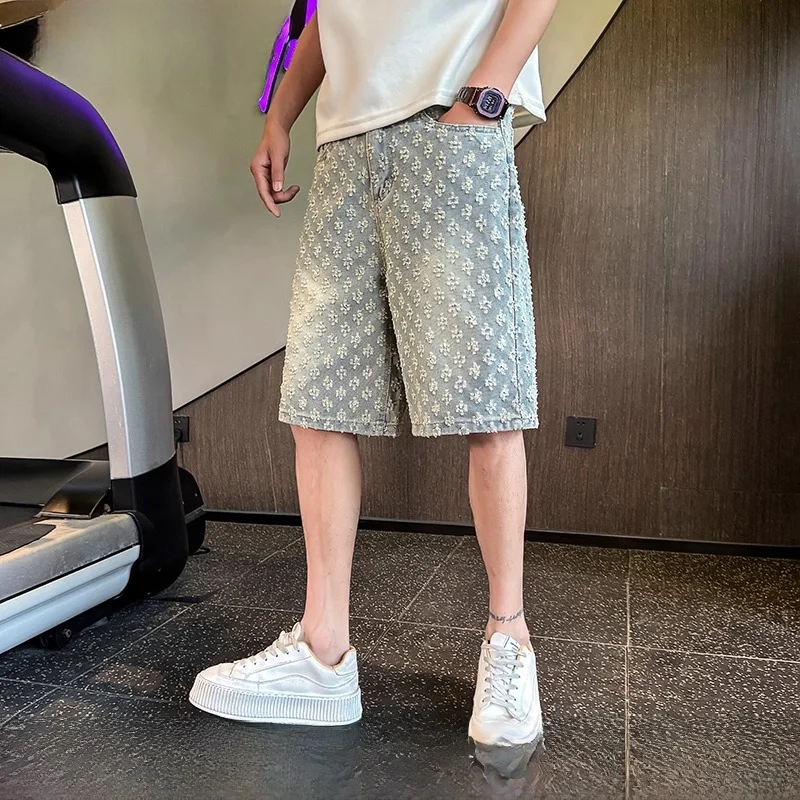 Summer High Street Denim Shorts Men's Casual Jeans Shorts Loose Mid High Waist Fashion Vintage Knee Lenght Denim Short Pants Men view 6