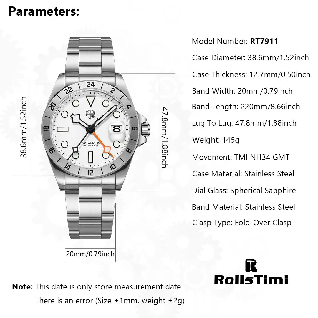 RollsTime جديد GMT ساعة ميكانيكية أوتوماتيكية للرجال اليابان NH34A ساعة يد من الفولاذ المقاوم للصدأ AR الياقوت الكريستال ساعة مقاومة للماء