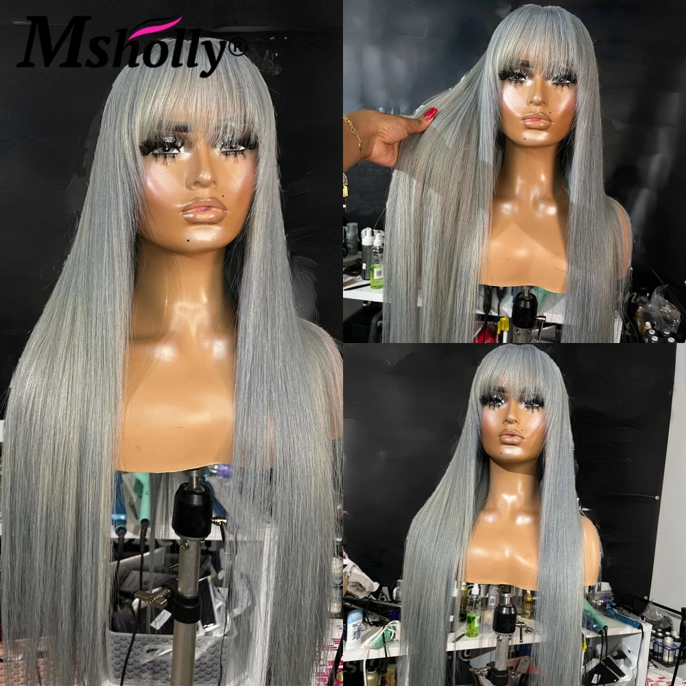 Grey Long Bone Straight With Bangs Lace Front Wig Transparent Lace Human Hair Wig 13x4 Lace Frontal Human Hair Wigs For Women