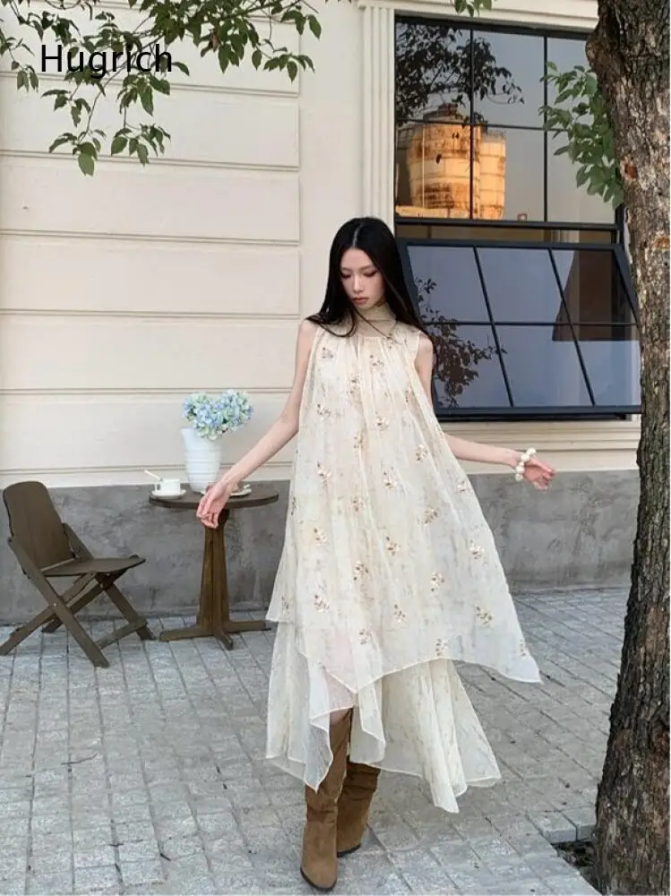 Light Beige Sleeveless Mock Neck Maxi Dress All Over Tiny Floral Embroidery Double Layer Uneven Hem Casual Long Dress