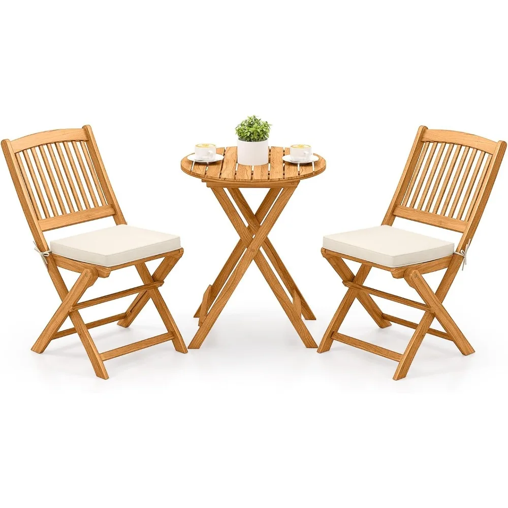 

3 Pieces Acacia Wood Patio Folding Bistro Set, Outdoor Table and Chairs Set with Soft Cushions, Patio Furniture Set for Porch,