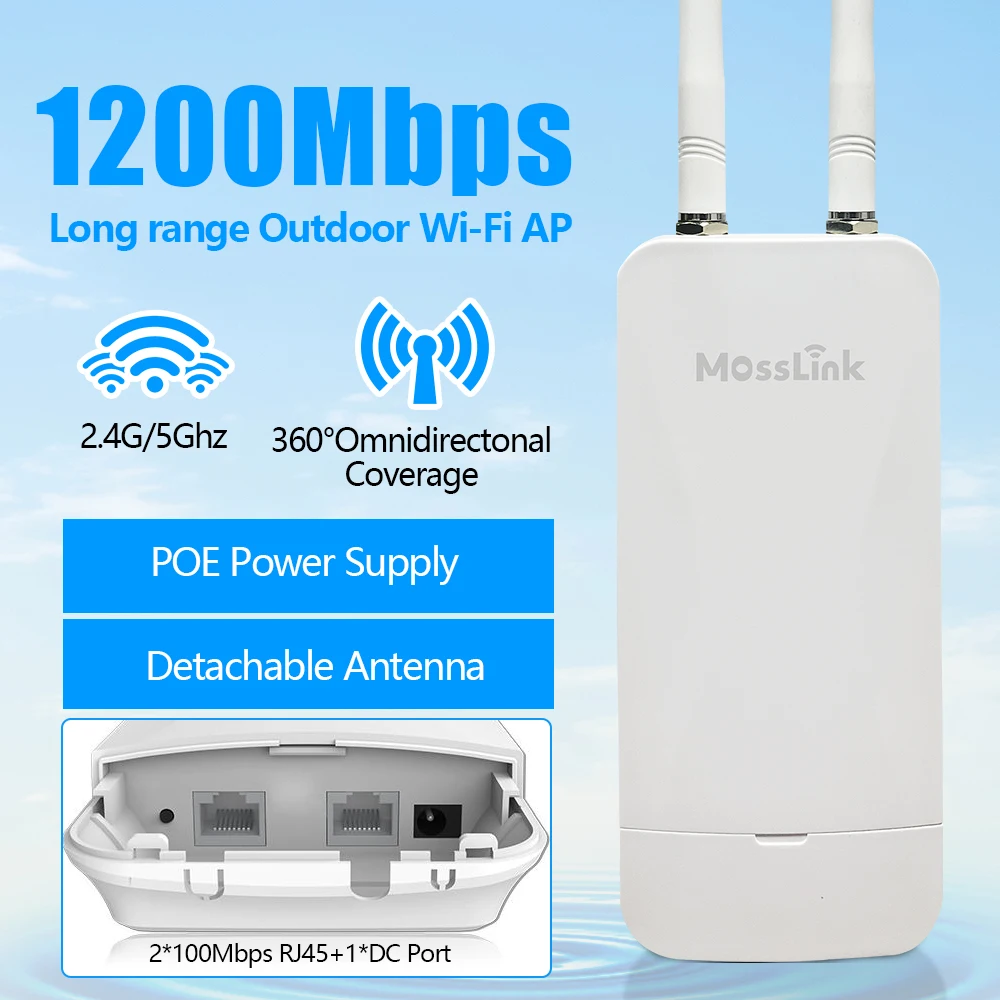 Mosslink Long Rang Router Wifi 200 m Omnidirectional Wifi Antenna Dual Band 1200Mbps Outdoor Wireless Access Point Outdoor AP