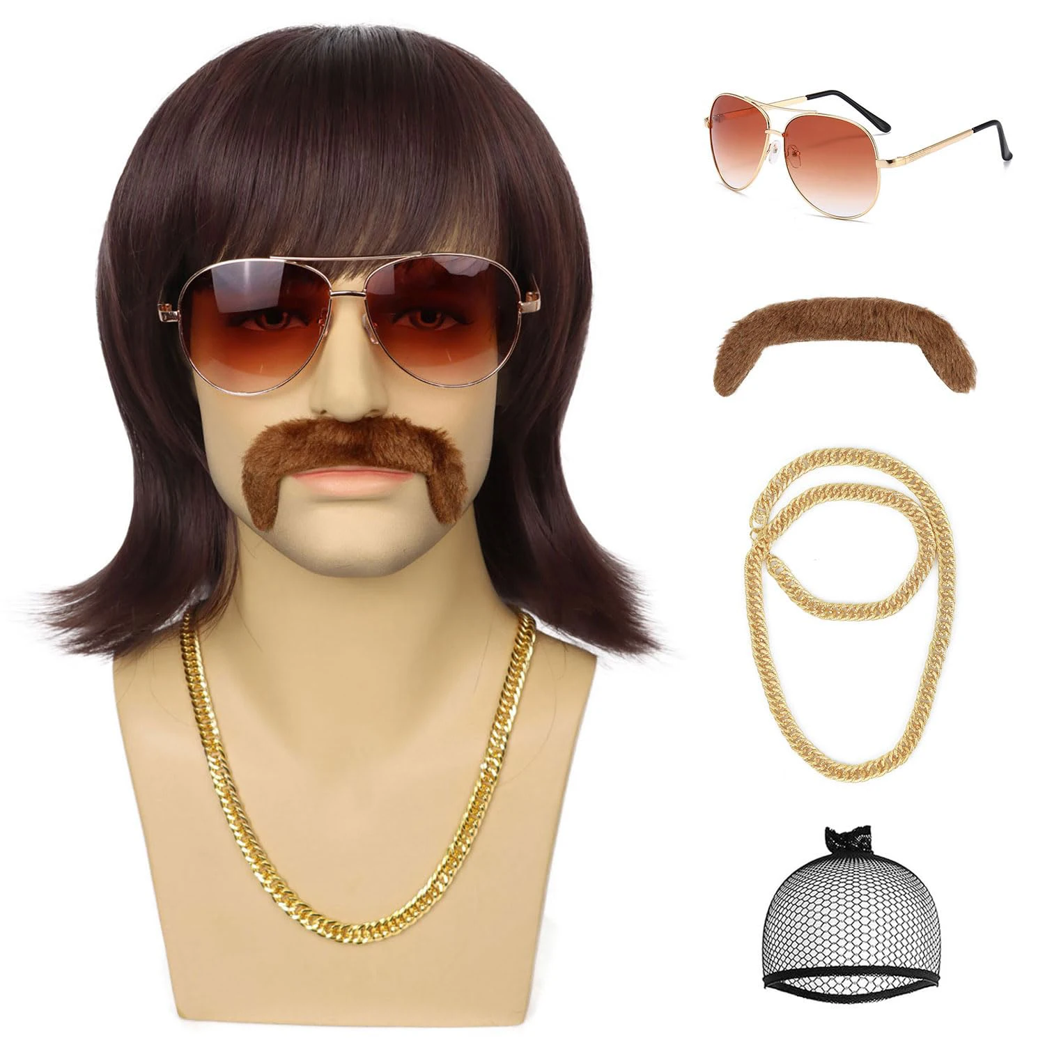 70s 80s Disco Wig with Mustache Glasses and Chain Short Brown Mens Mullet Wig Synthetic