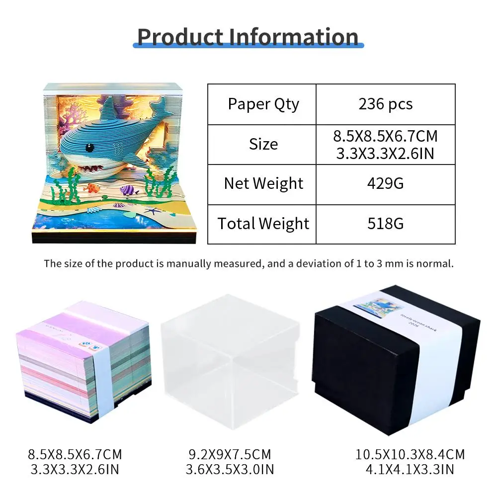 

2026 Calendar Shark Paper Carving 3D Memo Pad Scenic Spot Souvenir Gift Cute Underwater Theme SeaweedFish Night Light Decor