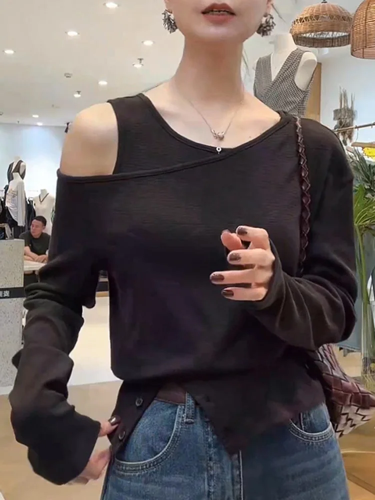 

Spring 2026 oulder-baring Long Sve Pure Color Women's Faionable Versatile Youthful Slim Fit Top Casual Sle T-irt