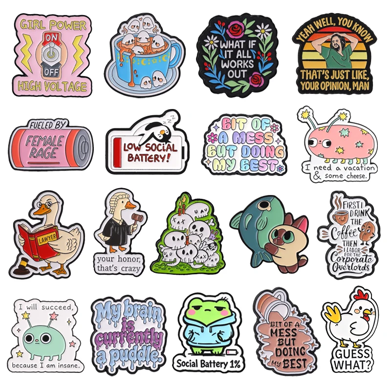 ADHD Mental Health Enamel Pins Halloween Ghost Coffee Cup Social Anxiety Feminist Girl Power Judge Lawyer Duck Badge Jewelry Gif