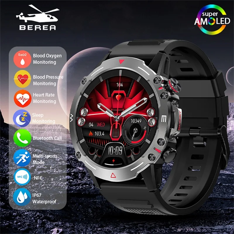 2023 New Military Smart Watch for Men AMOLED0 Screen 410mAh Battery Watchs Heart Rate Monitor Outdoor Sports Fitness Smartwatch