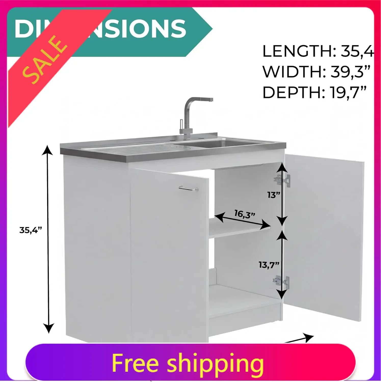 

High QualityNapoles Utility Sink Base Cabinet with Integrated Stainless Steel Countertop, Freestanding Cabinet with Double Doors